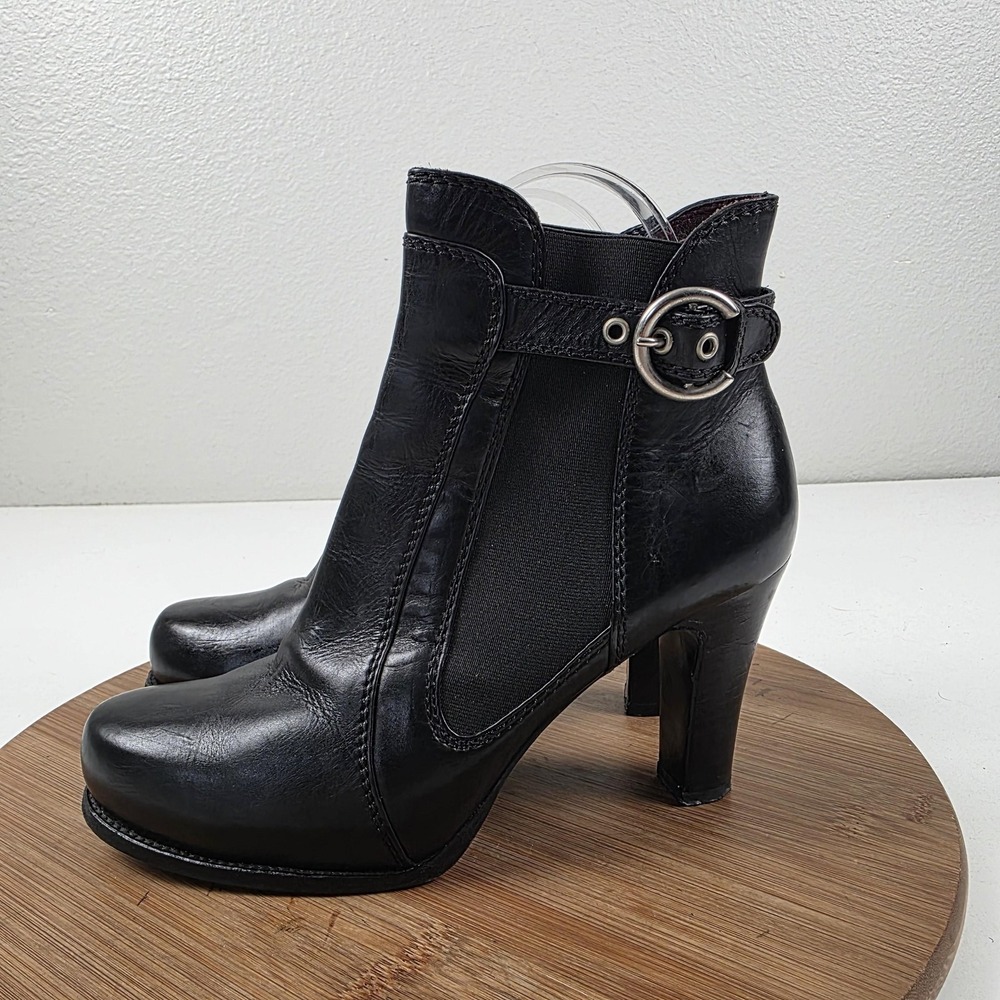 Sportmax Boots Womens Size 6 Black Leather Ankle Buckle Heel Booties Italy